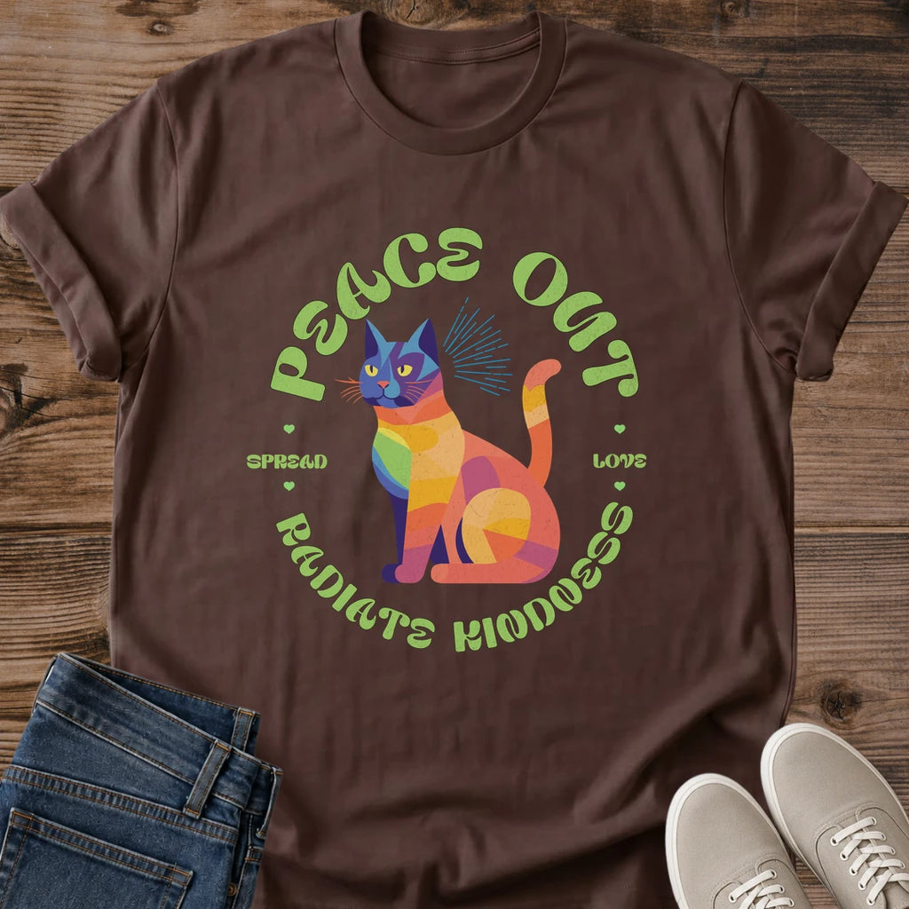 Rainbow Cat Tee Peace Out Radiate Kindness Geometric Design Colorful Cat Lover Gift For Her Softstyle Cotton Comfortable Relaxed Fit Casual Weekend Wear Vibrant Print Cat Mom Statement Apparel Everyday Layering Piece