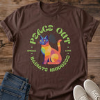 Rainbow Cat Tee Peace Out Radiate Kindness Geometric Design Colorful Cat Lover Gift For Her Softstyle Cotton Comfortable Relaxed Fit Casual Weekend Wear Vibrant Print Cat Mom Statement Apparel Everyday Layering Piece