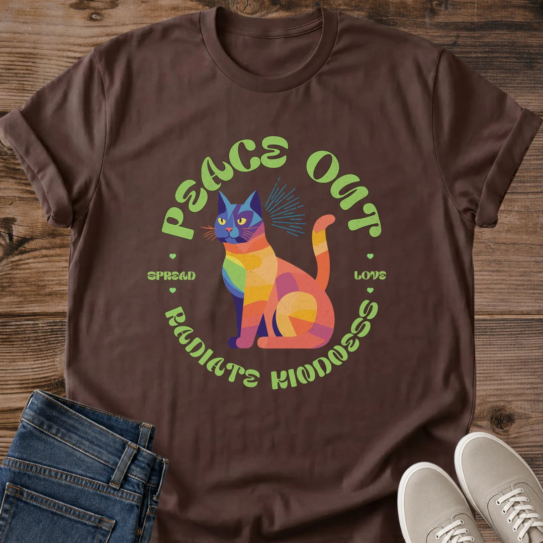 Rainbow Cat Tee Peace Out Radiate Kindness Geometric Design Colorful Cat Lover Gift For Her Softstyle Cotton Comfortable Relaxed Fit Casual Weekend Wear Vibrant Print Cat Mom Statement Apparel Everyday Layering Piece