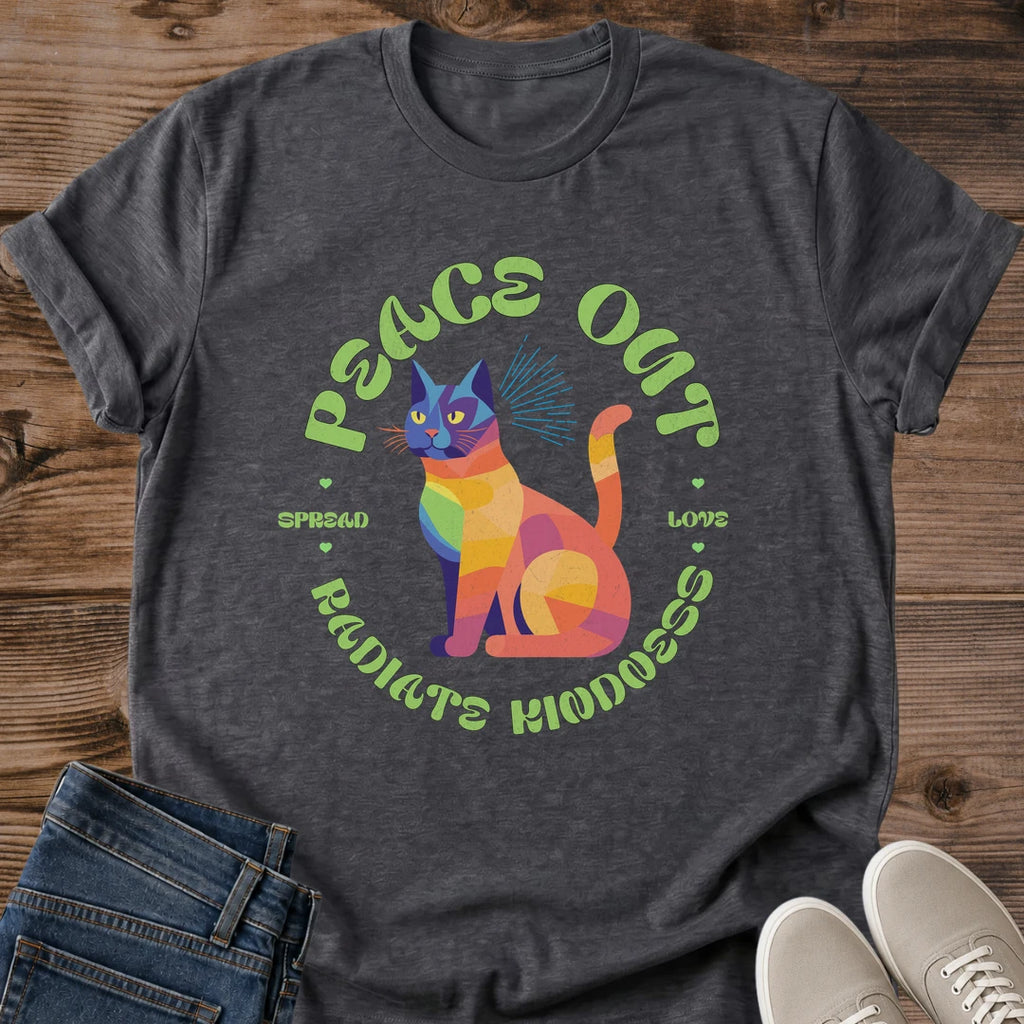 Spread Love Cat Graphic Tee Peace Out Radiate Kindness Rainbow Print Colorful Aesthetic Cat Owner Shirt Gift For Cat Lovers Softstyle Cotton Comfortable Relaxed Fit Statement Piece Everyday Casual Wear Apparel Gift