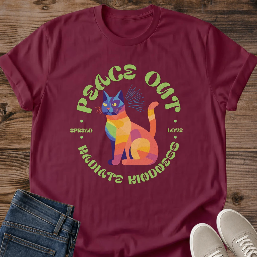 Peace Out Radiant Cat Shirt Rainbow Geometric Cat Tee Spread Love Kindness Gift Idea Softstyle Ring Spun Cotton Relaxed Fit Everyday Casual Wear Colorful Print Cat Owner Apparel Statement Piece Lightweight Layering