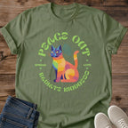 Vintage Cat Lover Tee Peace Out Radiate Kindness Rainbow Design Cotton Cat Mom Gift Shirt Colorful Aesthetic Softstyle Ring Spun Fabric Relaxed Retail Fit Casual Weekend Layering Statement Piece Everyday Wear For Home
