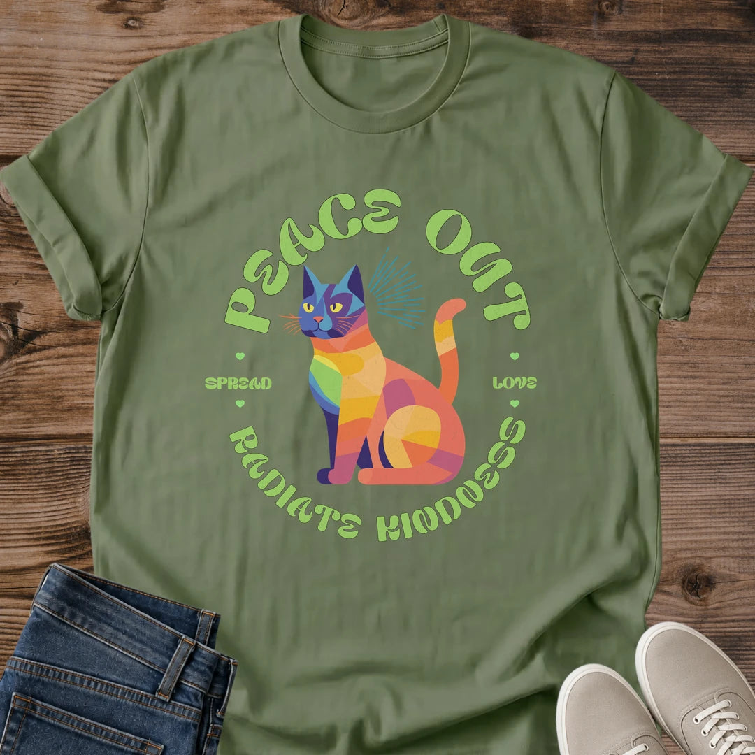 Vintage Cat Lover Tee Peace Out Radiate Kindness Rainbow Design Cotton Cat Mom Gift Shirt Colorful Aesthetic Softstyle Ring Spun Fabric Relaxed Retail Fit Casual Weekend Layering Statement Piece Everyday Wear For Home