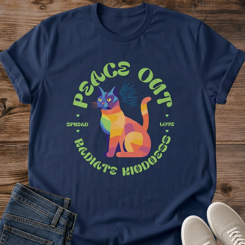 Peace Out Radiant Cat Shirt Rainbow Geometric Cat Tee Spread Love Kindness Gift Idea Softstyle Ring Spun Cotton Relaxed Fit Everyday Casual Wear Colorful Print Cat Owner Apparel Statement Piece Lightweight Layering