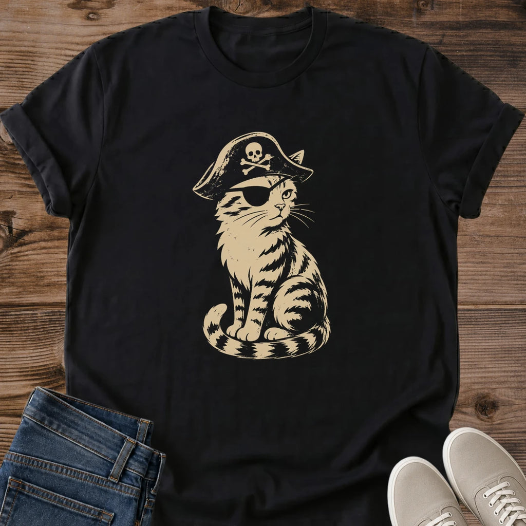 Pirate Cat Graphic Tee Vintage Style Design Funny Animal Shirt Quirky Cat Lover Present Retro Illustration Tshirt Casual Crewneck Fashion Lightweight Cotton Blend Humor Design Print Tabby Cat Pattern Unique Novelty Gift Idea Cat Owner
