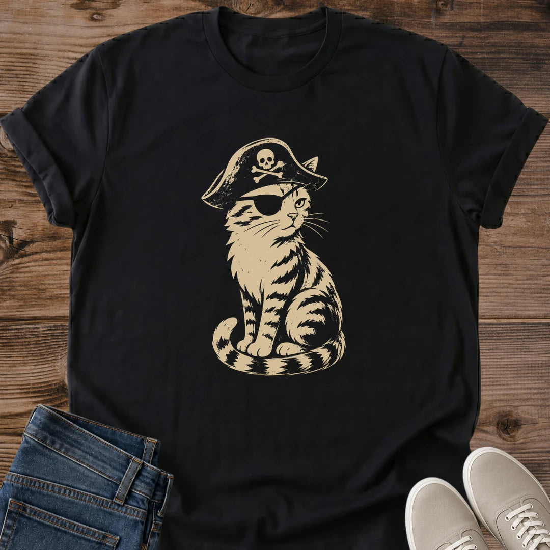 Pirate Cat Graphic Tee Vintage Style Design Funny Animal Shirt Quirky Cat Lover Present Retro Illustration Tshirt Casual Crewneck Fashion Lightweight Cotton Blend Humor Design Print Tabby Cat Pattern Unique Novelty Gift Idea Cat Owner