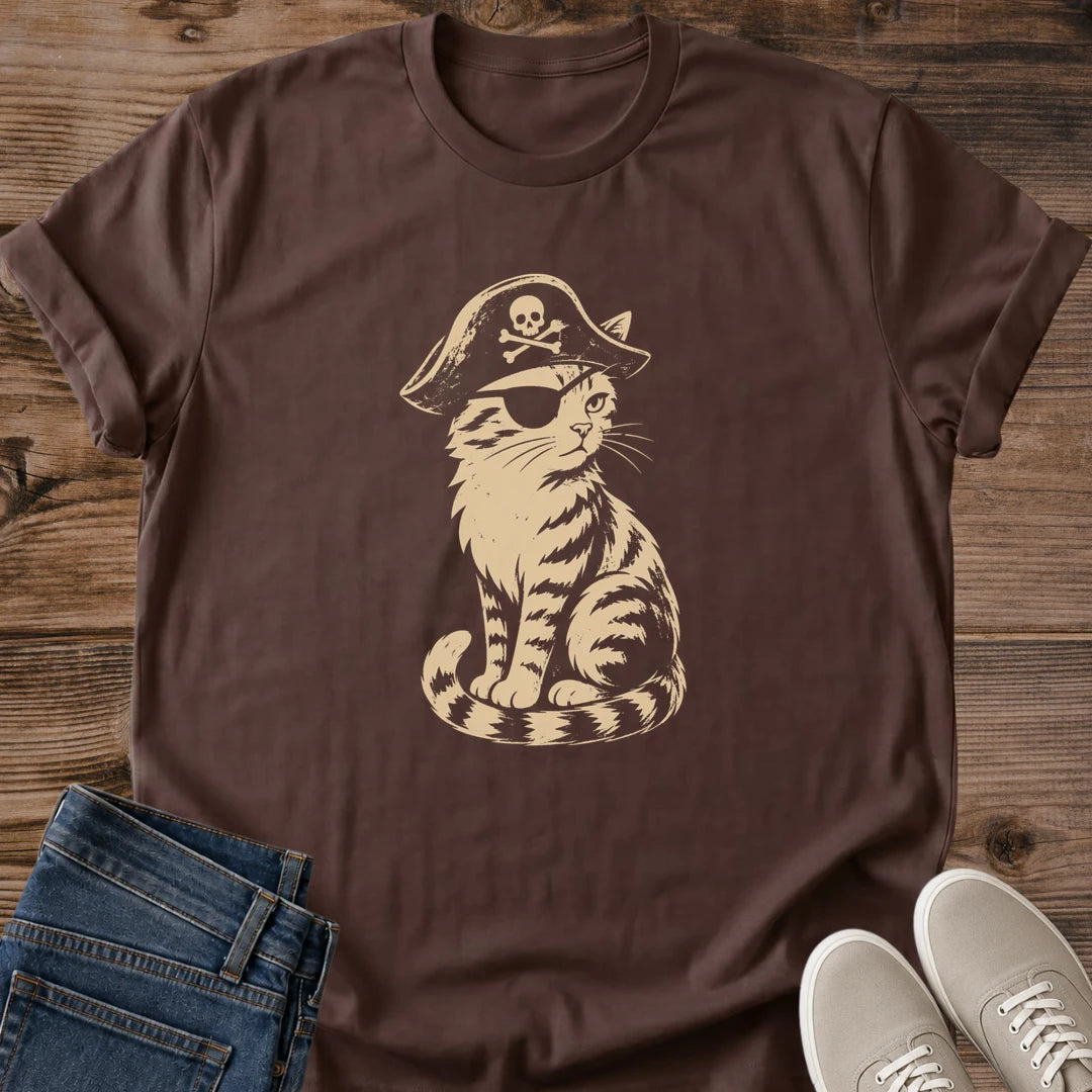 Quirky Cat Shirt Vintage Pirate Graphic Design Funny Tee Cat Lover Gift Idea Retro Style Illustration Casual Crewneck Tshirt Lightweight Comfort Wear Tabby Cat Humor Print Unique Animal Design Novelty Present Cat Owner Fashion Essential
