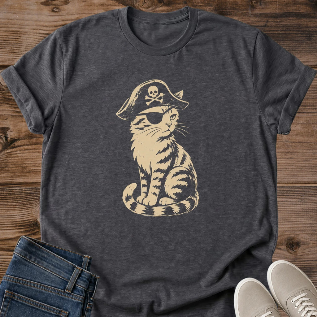 Vintage Cat Shirt Pirate Design Quirky Graphic Tee Funny Cat Lover Gift Retro Style Illustration Casual Crewneck Tshirt Tabby Cat Print Humor Design Lightweight Cotton Blend Everyday Comfort Wear Cat Owner Present Unique Animal Graphic