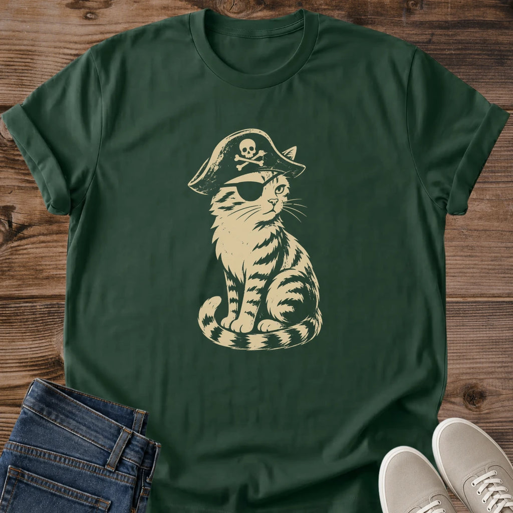 Retro Cat Tee Pirate Design Shirt Vintage Graphic Style Funny Cat Humor Gift Quirky Animal Lover Present Casual Crewneck Fashion Lightweight Cotton Tshirt Tabby Cat Illustration Print Unique Novelty Design Cat Owner Wardrobe Essential