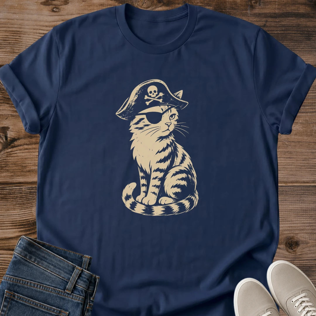 Funny Cat Tshirt Vintage Pirate Theme Quirky Animal Lover Gift Graphic Design Tee Retro Illustration Style Casual Wear Essential Cat Humor Shirt Lightweight Crewneck Design Tabby Cat Print Pattern Unique Novelty Present Cat Owner Fashion