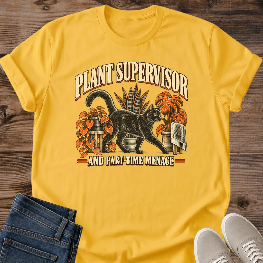 Houseplant Cat Shirt Plant Supervisor Black Cat Graphic Tee Funny Gift Idea Ring Spun Cotton Soft Breathable Fabric Relaxed Unisex Fit Vintage Print Design Cat Person Apparel Casual Everyday Wear Statement Piece Great Gift