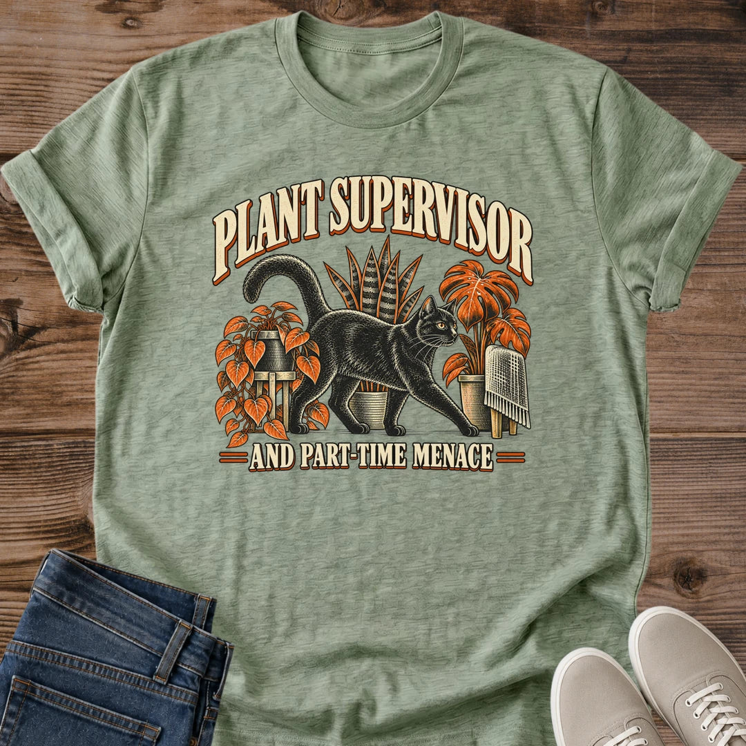 Funny Plant Cat Tee Plant Supervisor Part Time Menace Design Cat Lover Gift For Her Softstyle Cotton Comfortable Relaxed Fit Casual Weekend Wear Vintage Print Cat Mom Statement Apparel Everyday Layering Piece For Fun