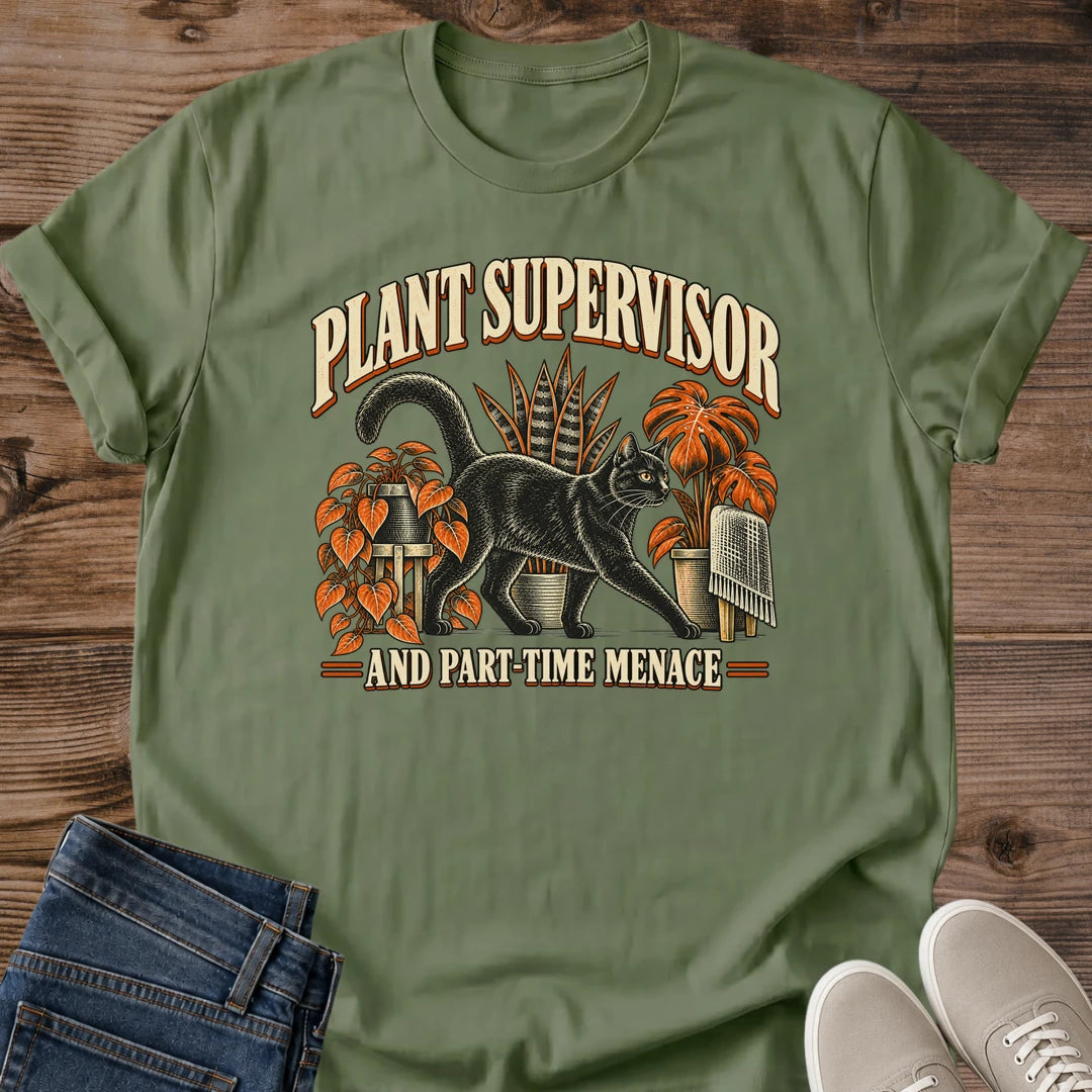Vintage Cat Lover Tee Plant Supervisor Part Time Menace Design Cotton Cat Mom Gift Shirt Funny Aesthetic Softstyle Ring Spun Fabric Relaxed Retail Fit Casual Weekend Layering Statement Piece Everyday Wear For Home And Away