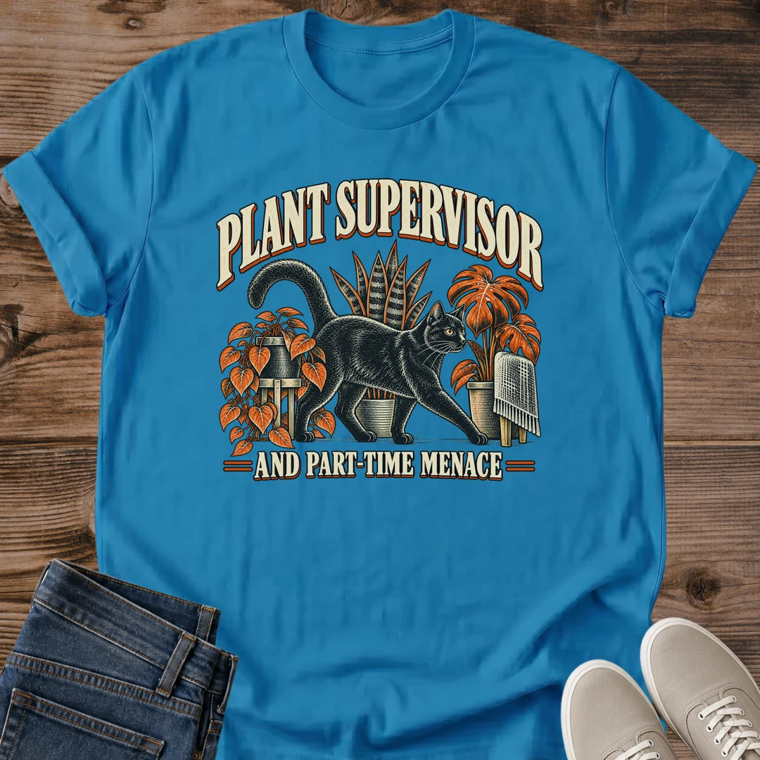 Funny Cat Graphic Tee Plant Supervisor Part Time Menace Print Vintage Aesthetic Cat Owner Shirt Gift For Cat Lovers Softstyle Cotton Comfortable Relaxed Fit Statement Piece Everyday Casual Wear Apparel Gift Idea For All