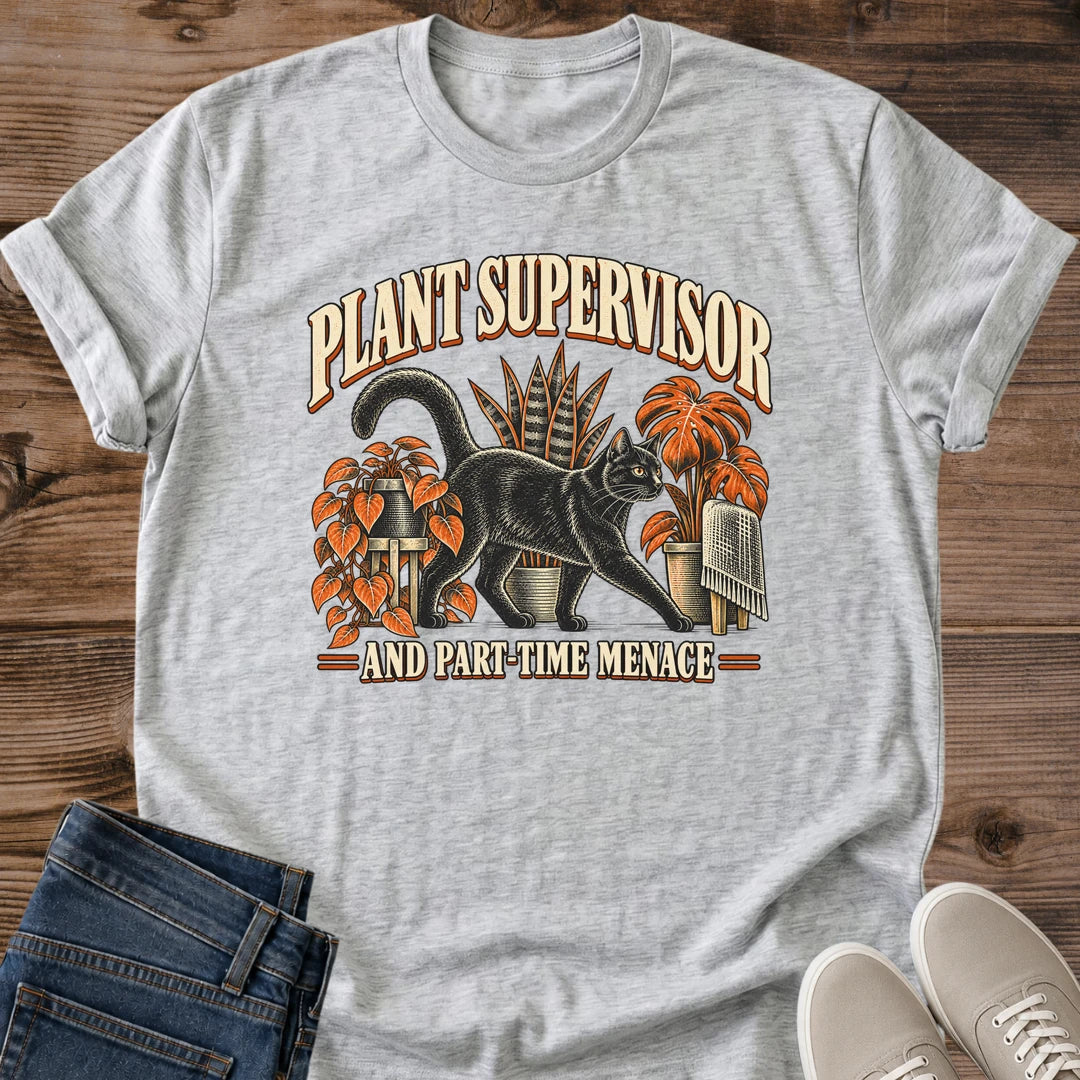 Plant Supervisor Cat Shirt Part Time Menace Funny Cat Tee Cat Lover Gift Idea Softstyle Ring Spun Cotton Relaxed Fit Everyday Casual Wear Vintage Print Cat Owner Apparel Statement Piece Lightweight Layering For Home