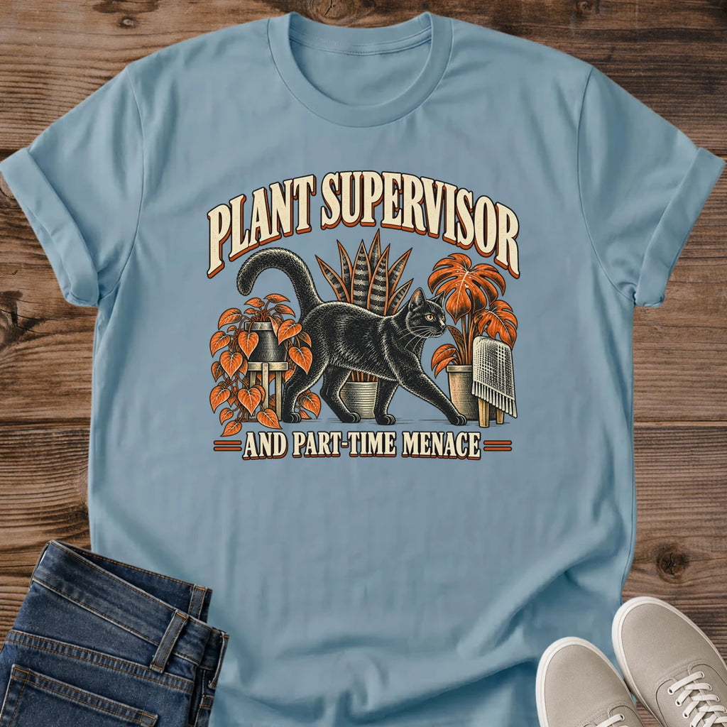 Vintage Cat Lover Tee Plant Supervisor Part Time Menace Design Cotton Cat Mom Gift Shirt Funny Aesthetic Softstyle Ring Spun Fabric Relaxed Retail Fit Casual Weekend Layering Statement Piece Everyday Wear For Home And Away