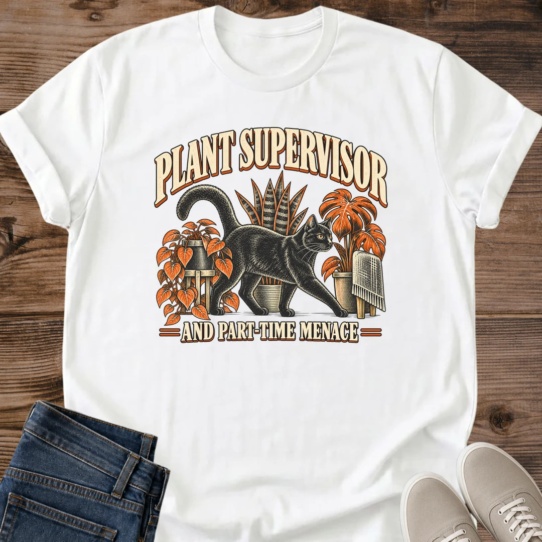 Funny Plant Cat Tee Plant Supervisor Part Time Menace Design Cat Lover Gift For Her Softstyle Cotton Comfortable Relaxed Fit Casual Weekend Wear Vintage Print Cat Mom Statement Apparel Everyday Layering Piece For Fun