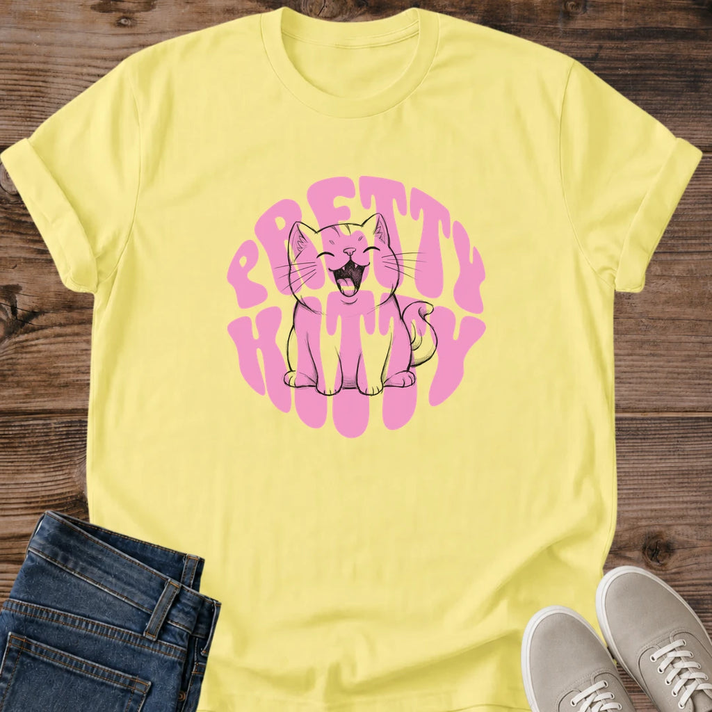 Retro Cat Shirt Pretty Kitty Bubble Text Graphic Tee Groovy Gift Idea Ring Spun Cotton Soft Breathable Fabric Relaxed Unisex Fit Bold Print Design Cat Person Apparel Casual Everyday Wear Statement Piece Great Gift