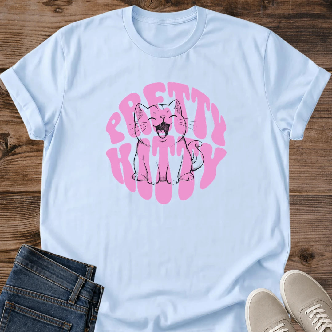 Groovy Cat Tee Pretty Kitty Retro Bubble Text Design Cute Cat Lover Gift For Her Softstyle Cotton Comfortable Relaxed Fit Casual Weekend Wear Bold Print Cat Mom Statement Apparel Everyday Layering Piece