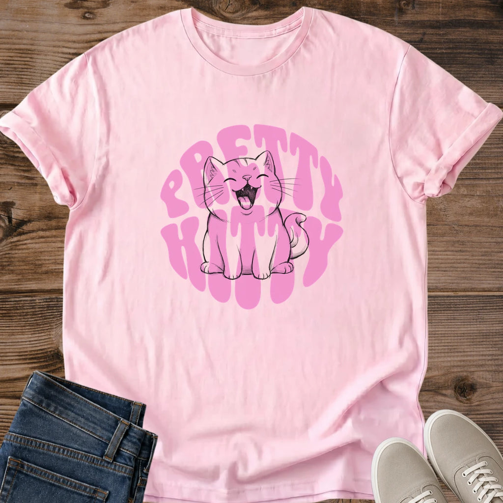 Pretty Kitty Shirt Retro Bubble Text Cat Tee Groovy Cat Lover Gift Idea Softstyle Ring Spun Cotton Relaxed Fit Everyday Casual Wear Bold Print Cat Owner Apparel Statement Piece Lightweight Layering