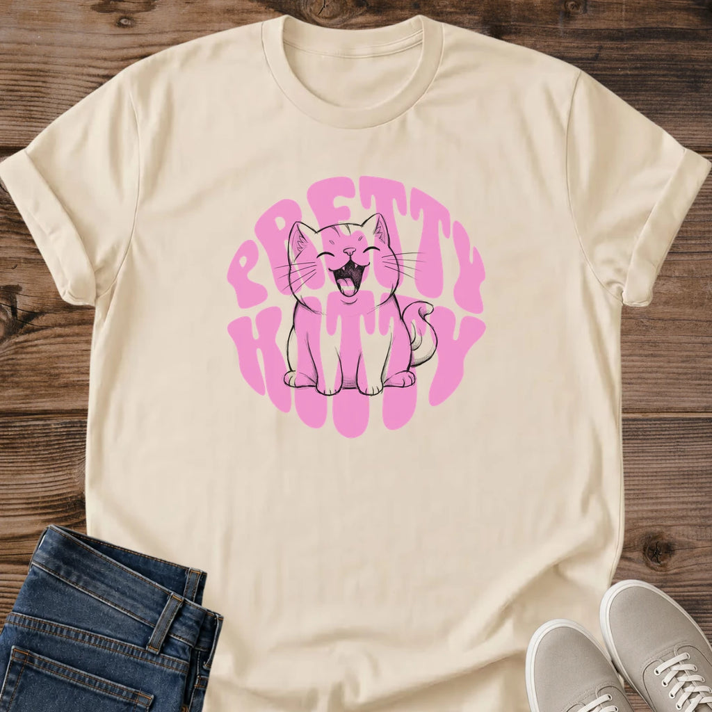 Cute Cat Graphic Tee Pretty Kitty Retro Bubble Text Print Groovy Aesthetic Cat Owner Shirt Gift For Cat Lovers Softstyle Cotton Comfortable Relaxed Fit Statement Piece Everyday Casual Wear Apparel Gift