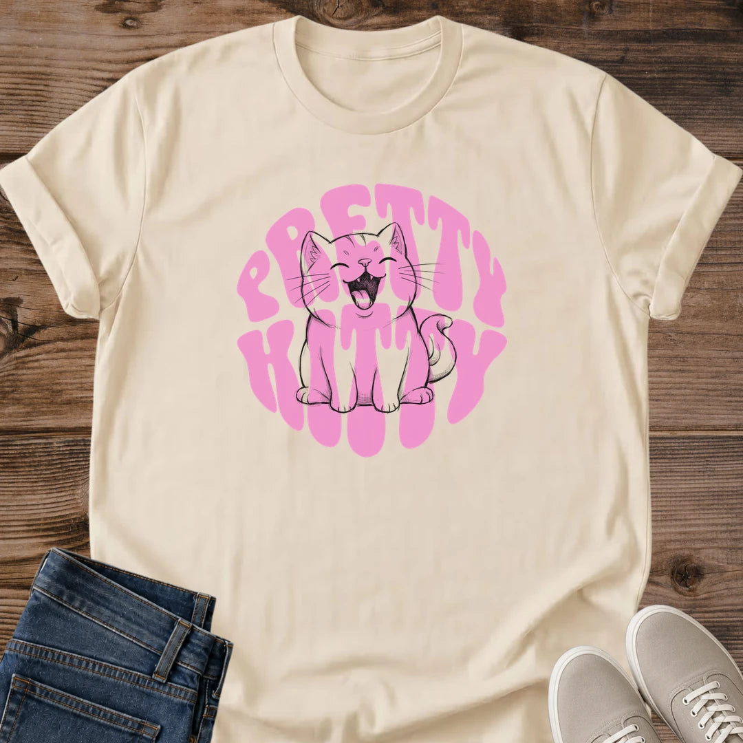 Cute Cat Graphic Tee Pretty Kitty Retro Bubble Text Print Groovy Aesthetic Cat Owner Shirt Gift For Cat Lovers Softstyle Cotton Comfortable Relaxed Fit Statement Piece Everyday Casual Wear Apparel Gift