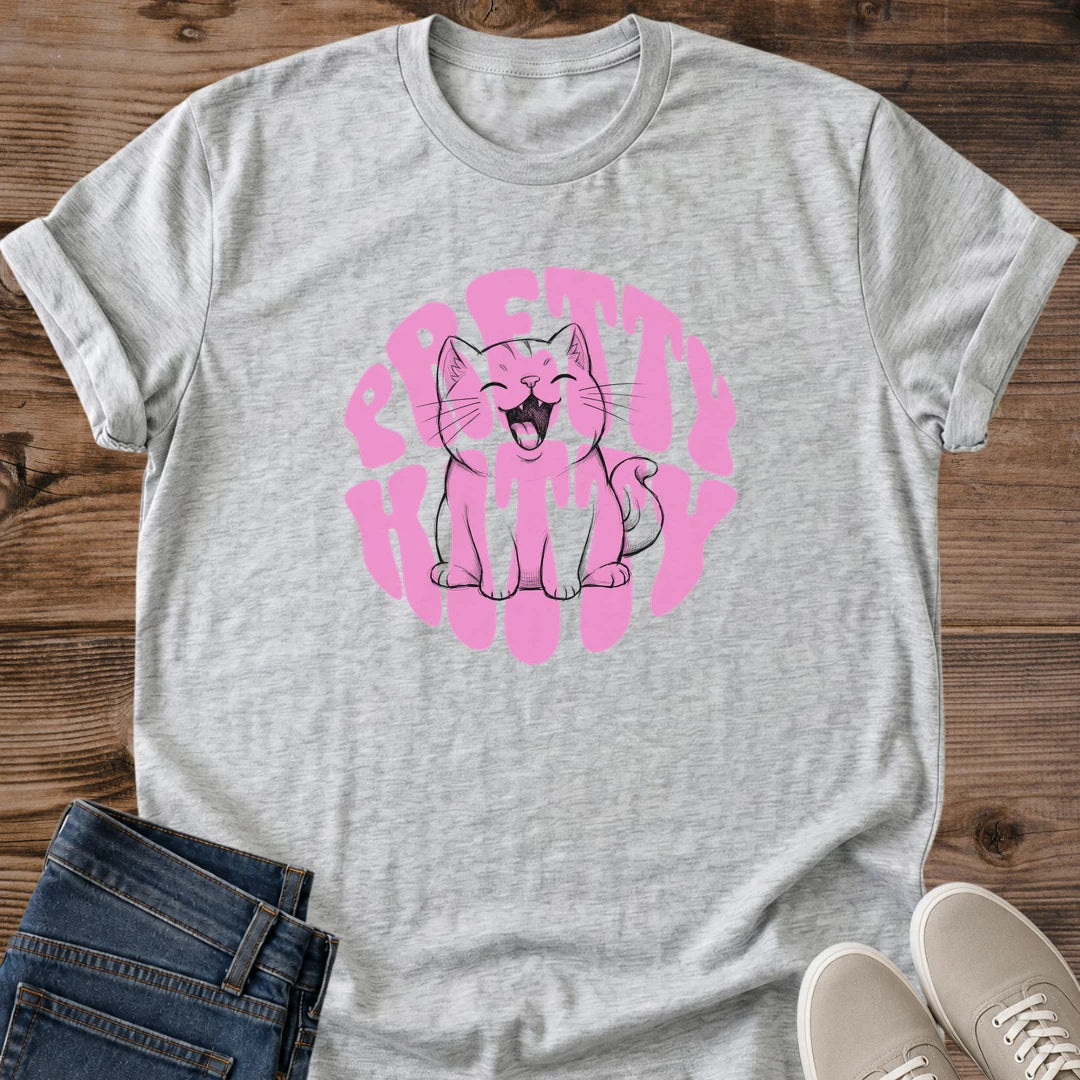 Pretty Kitty Shirt Retro Bubble Text Cat Tee Groovy Cat Lover Gift Idea Softstyle Ring Spun Cotton Relaxed Fit Everyday Casual Wear Bold Print Cat Owner Apparel Statement Piece Lightweight Layering