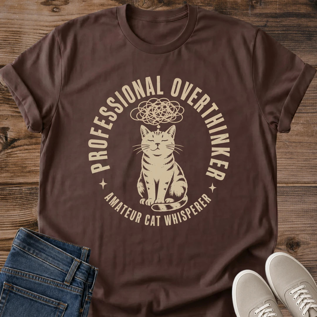Graphic Cat Tee Shirt Professional Overthinker Design Funny Cat Lover Gift Soft Cotton Fabric Shirt Relaxed Fit Casual Wear Breathable Lightweight Tee Humor Statement Apparel Cat Owner Present Ring Spun Cotton Construction Everyday Comfort