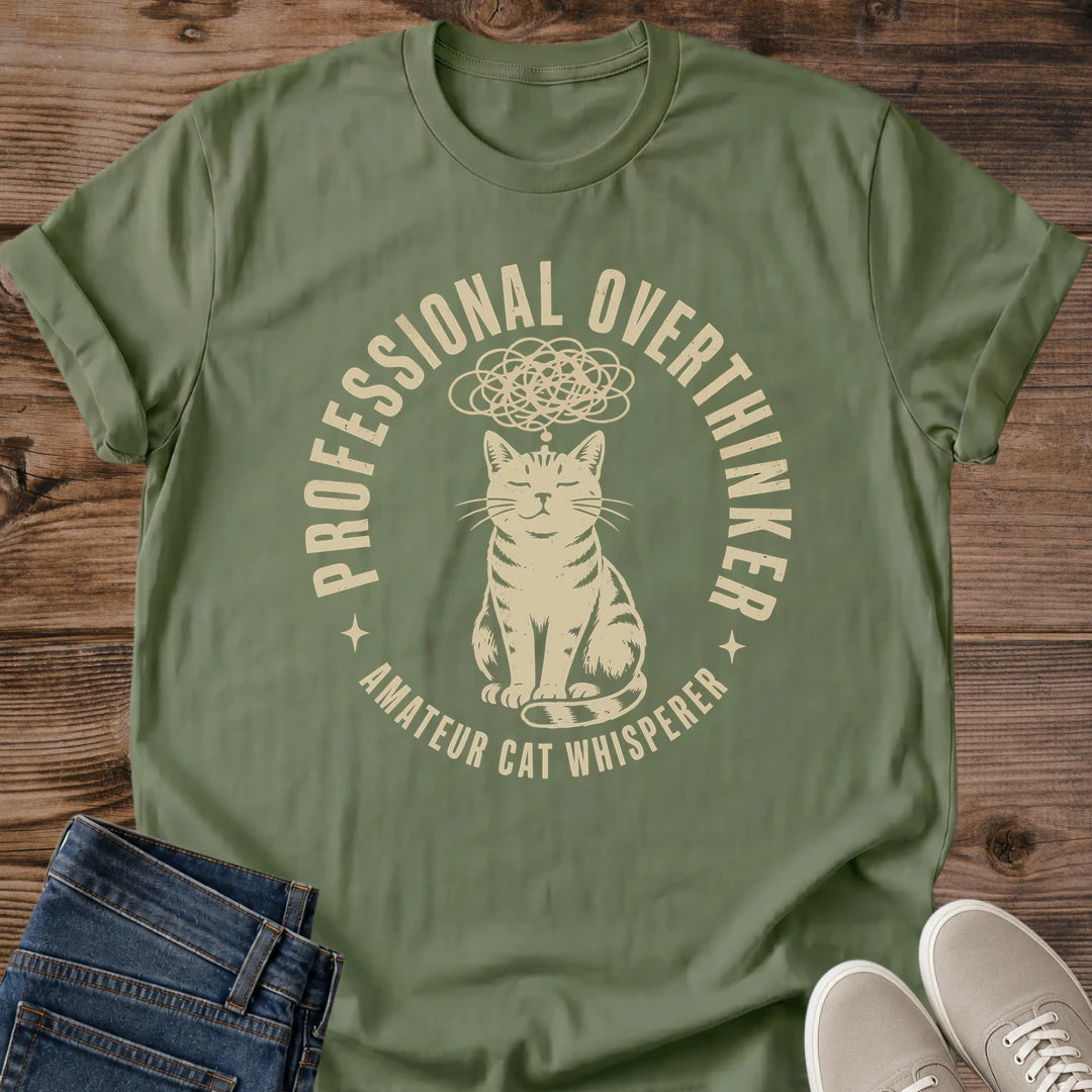 Humor Cat Shirt Design Professional Overthinker Graphic Tee Cat Lover Apparel Gift Soft Ring Spun Cotton Shirt Relaxed Casual Fit Tee Lightweight Breathable Fabric Everyday Wear Shirt Witty Statement Design Cat Owner Fashion Comfortable