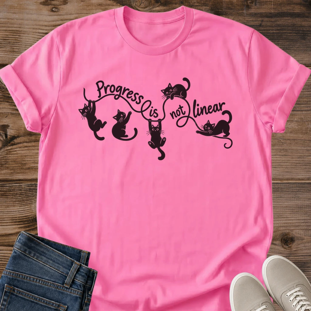 Motivational Cat Shirt Progress Is Not Linear Tee Playful Black Cats Tumbling Along Swirling Script Illustration Gentle Reminder Shirt Cat Owner Gift For Her Cat Dad Tee Black Cat Lover Gift Soft Cotton Unisex Shirt Cat Whisker Co