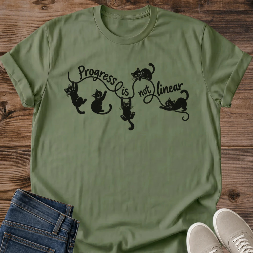 Black Cat Shirt Progress Is Not Linear Quote Tee Hand Drawn Cats Climbing Loops And Waves Line Art Graphic Cat Owner Shirt Gift For Cat Lovers Growth Quote Tee Uplifting Cat Shirt Unisex Ringspun Cotton Shirt Cat Whisker Co