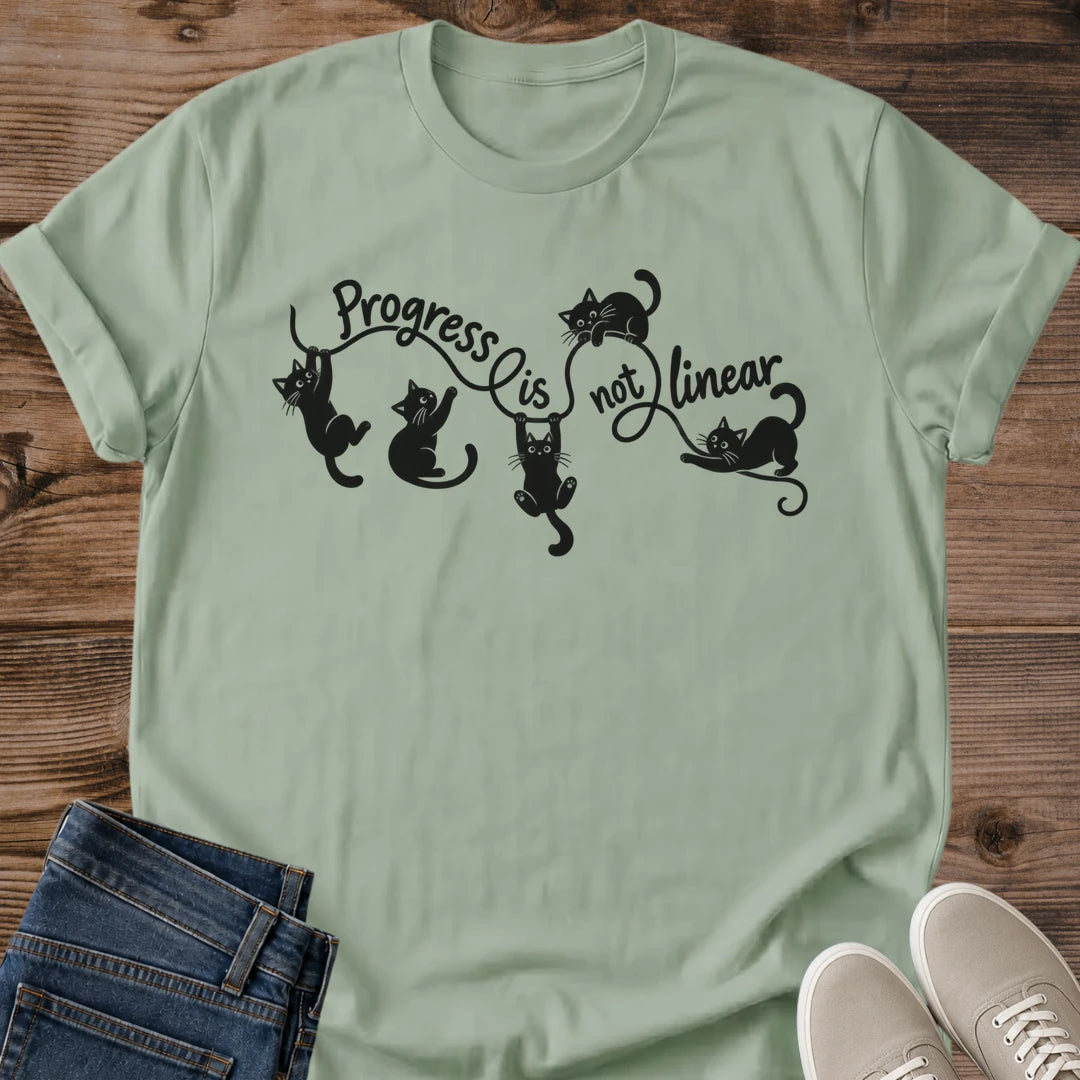 Black Cat Shirt Progress Is Not Linear Quote Tee Hand Drawn Cats Climbing Loops And Waves Line Art Graphic Cat Owner Shirt Gift For Cat Lovers Growth Quote Tee Uplifting Cat Shirt Unisex Ringspun Cotton Shirt Cat Whisker Co