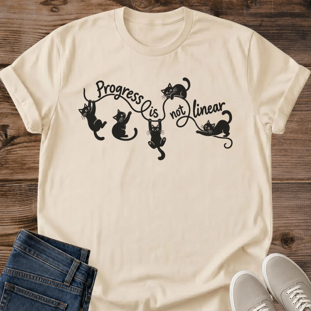 Progress Is Not Linear Shirt Sand Black Cats Climbing Wavy Line Tee Motivational Cat Shirt Positive Quote Graphic Minimalist Cat Line Art Encouragement Gift Cat Mom Shirt Growth Mindset Gildan 64000 Softstyle Unisex Cat Whisker Co