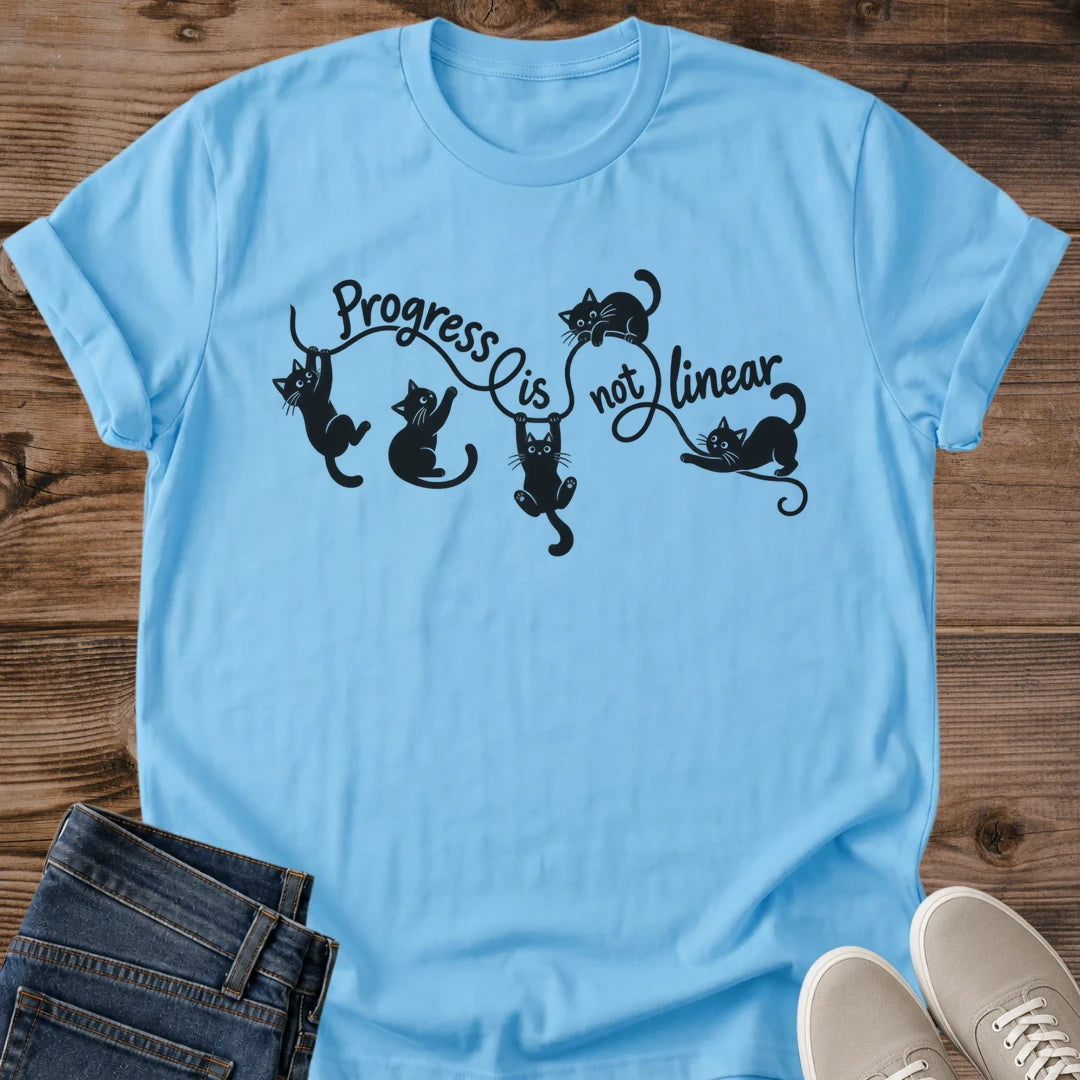 Motivational Cat Shirt Progress Is Not Linear Tee Playful Black Cats Tumbling Along Swirling Script Illustration Gentle Reminder Shirt Cat Owner Gift For Her Cat Dad Tee Black Cat Lover Gift Soft Cotton Unisex Shirt Cat Whisker Co