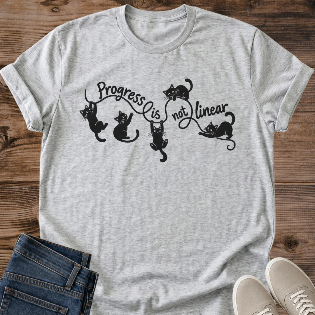 Motivational Cat Shirt Progress Is Not Linear Tee Playful Black Cats Tumbling Along Swirling Script Illustration Gentle Reminder Shirt Cat Owner Gift For Her Cat Dad Tee Black Cat Lover Gift Soft Cotton Unisex Shirt Cat Whisker Co