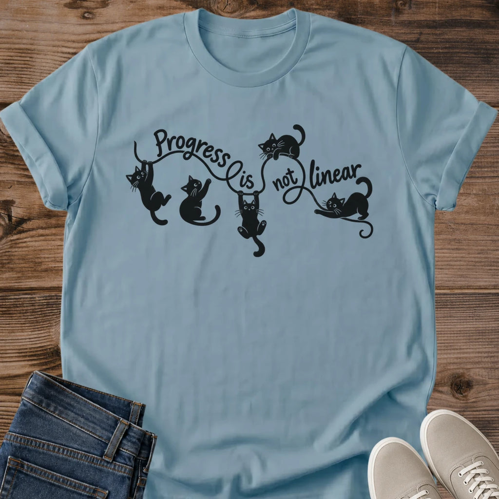 Encouragement Gift Progress Is Not Linear Cat Shirt Positive Cat Tee Black Cat Doodle Graphic Birthday Gift For Cat Owner Graduation Gift New Year Goals Gift Christmas Gift For Cat Mom Cat Person Tee Gildan Softstyle Cotton Tee Cat Whisker Co
