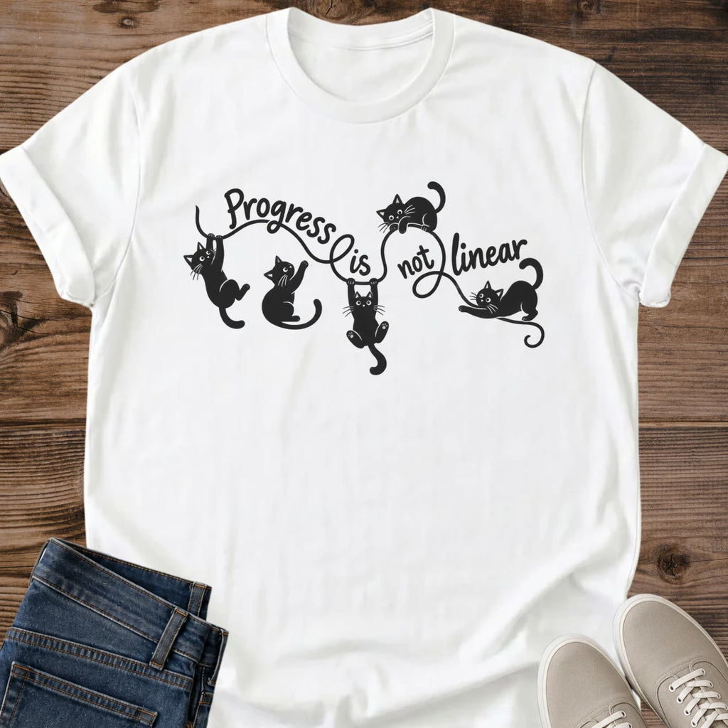 Progress Is Not Linear Shirt White Black Cats Climbing Wavy Line Tee Motivational Cat Shirt Positive Quote Graphic Minimalist Cat Line Art Encouragement Gift Cat Mom Shirt Growth Mindset Gildan 64000 Softstyle Unisex Cat Whisker Co