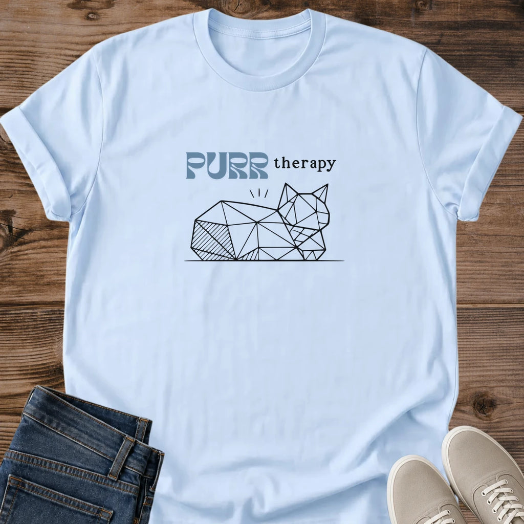 Cat Lover Gift Minimalist T Shirt Geometric Line Art Design Soft Cotton Tee PURR Therapy Text Casual Comfort Wear Relaxed Fit Crew Neck Style Breathable Fabric Pet Owner Present Animal Enthusiast Apparel Everyday Casual Shirt Cozy Lounge