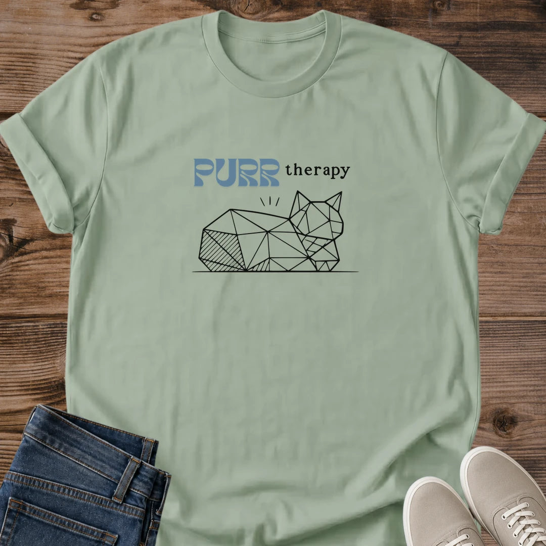 Minimalist Cat Tee Geometric Line Art Design Cotton T Shirt Clean Aesthetic Style PURR Therapy Message Relaxed Fit Comfort Breathable Fabric Crew Neck Shirt Cat Lover Apparel Pet Owner Gift Casual Everyday Wear Soft Lightweight Essential
