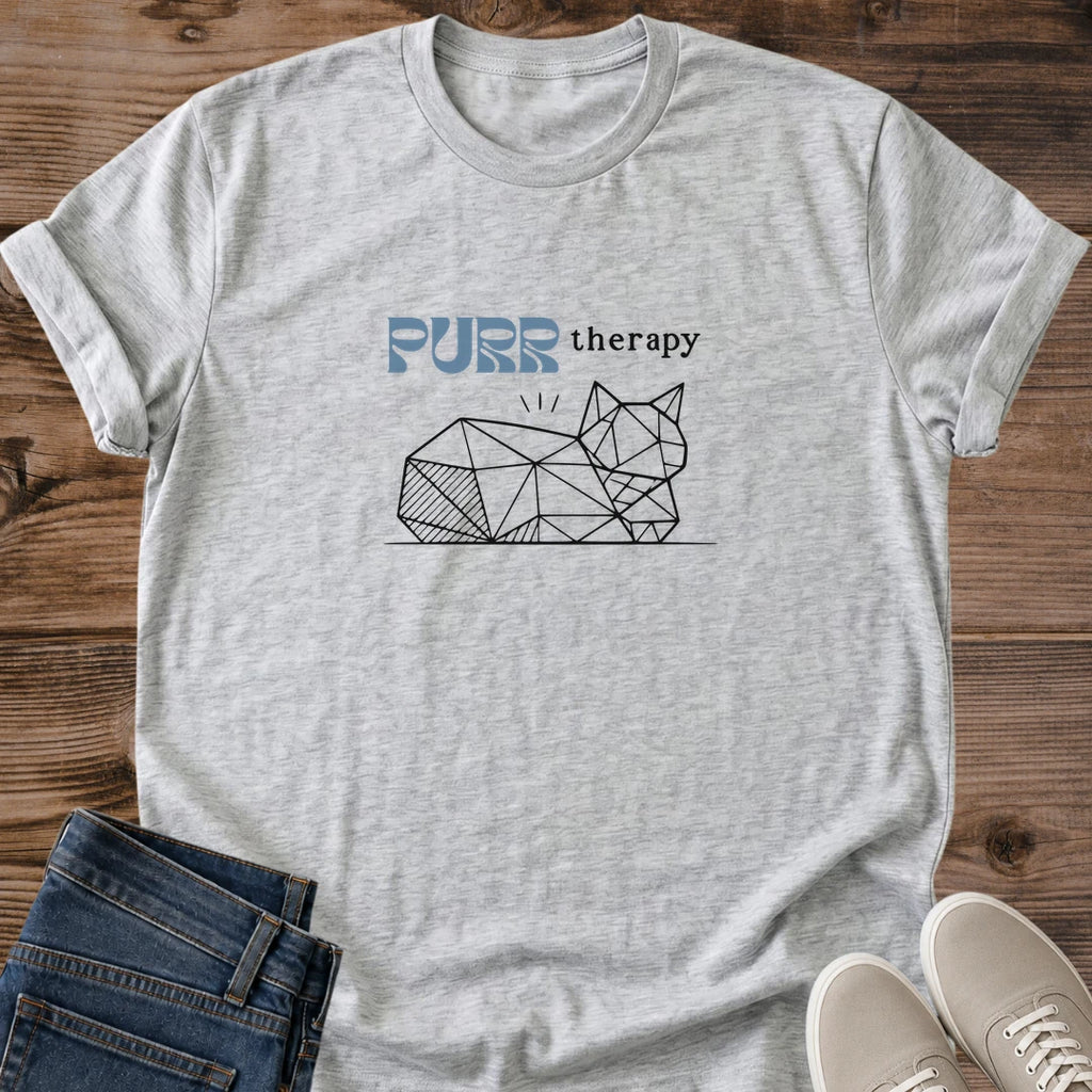 PURR Therapy Shirt Cat Lover Tee Minimalist Geometric Design Line Art Cotton Shirt Relaxed Comfort Fit Breathable Fabric Crew Neck Style Casual Everyday Wear Pet Owner Gift Animal Lover Apparel Soft Lightweight Essential Cozy Lounge Shirt