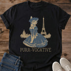 Vintage Paris Style Tshirt Eiffel Tower Cat Design French Graphic Clothing Whimsical Feline Illustration Artistic Beret Dressed Cat Soft Cotton Fabric Muted Gold Blue Nostalgic Print Perfect Casual Wear Cat Lover Present Paris Themed