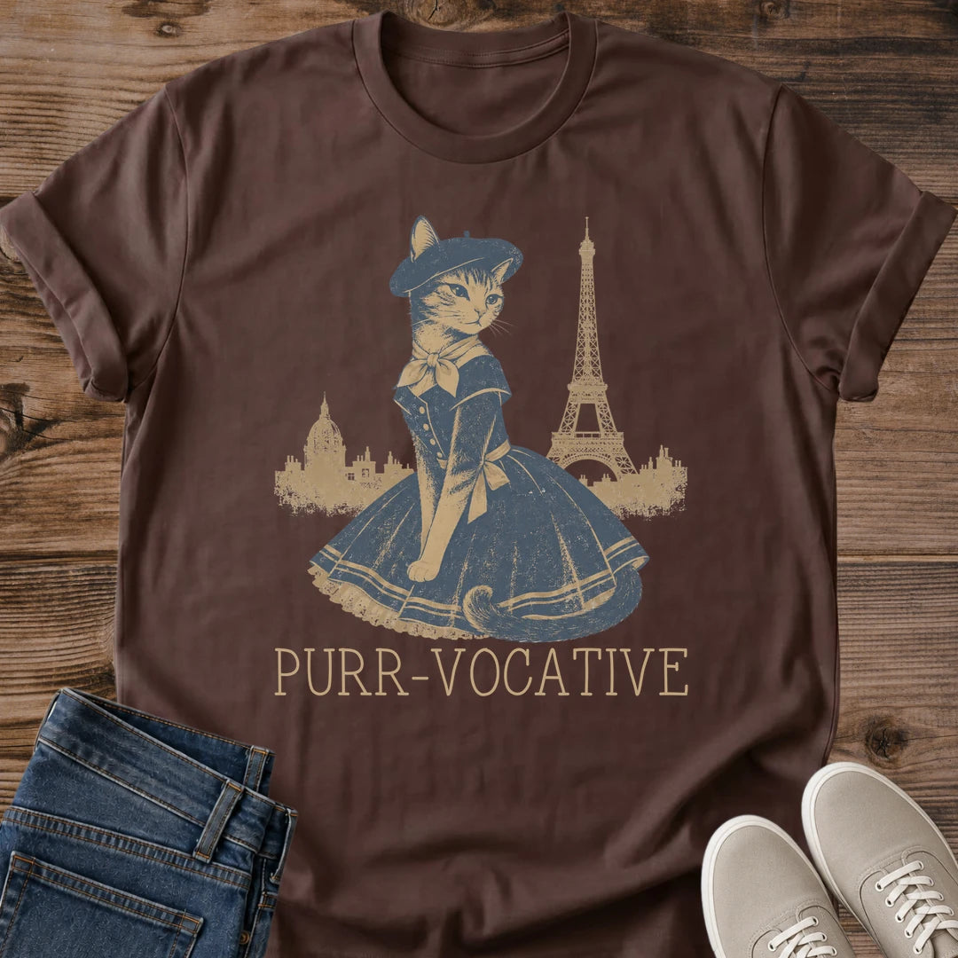 Cat Lover Gift Paris Themed Shirt Vintage Eiffel Tower Tshirt Whimsical French Design Nostalgic Cat Illustration Beret Dressed Feline Soft Lightweight Fabric Muted Tones Artistic Postcard Style Casual Everyday Wear Paris Travel Fashion