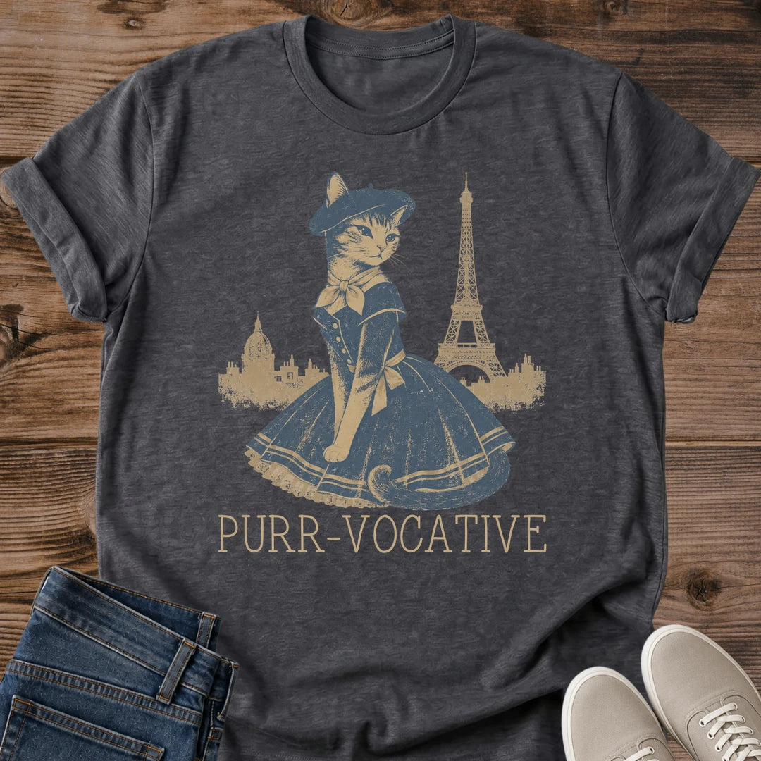 Paris Cat Tshirt Vintage Eiffel Tower Design French Graphic Tee Whimsical Cat Illustration Beret Dressed Feline Soft Lightweight Cotton Fabric Muted Gold Blue Tones Nostalgic Postcard Style Perfect Cat Lover Gift Paris Themed Clothing