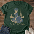 Eiffel Tower Cat Tshirt Whimsical Paris Design Vintage French Graphic Tee Cat In Beret Dress Illustration Soft Lightweight Cotton Muted Gold Blue Tones Nostalgic Postcard Style Perfect Gift For Cat Lover Paris Fashion Enthusiast Casual