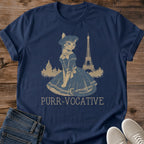 French Graphic Tee Whimsical Cat Design Paris Themed Tshirt Vintage Eiffel Tower Print Cat In Beret Dress Illustration Soft Cotton Casual Wear Muted Gold Blue Artistic Style Perfect Gift For Cat Lover Paris Fashion Enthusiast Nostalgic