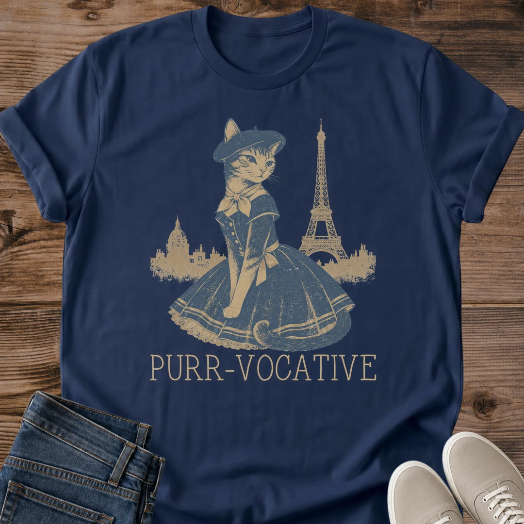 French Graphic Tee Whimsical Cat Design Paris Themed Tshirt Vintage Eiffel Tower Print Cat In Beret Dress Illustration Soft Cotton Casual Wear Muted Gold Blue Artistic Style Perfect Gift For Cat Lover Paris Fashion Enthusiast Nostalgic
