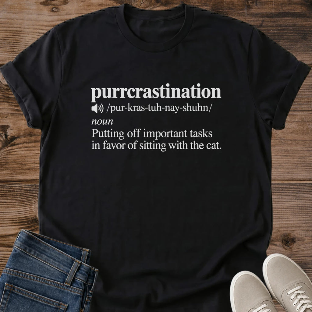 Purrcrastination Shirt Black Funny Cat Definition Tee Dictionary Style Cat Pun Graphic Procrastination Humor Shirt Work From Home Cat Tee Minimalist Text Cat Shirt Cat Mom Gift Cat Lover Gift Gildan 64000 Softstyle Unisex Cat Whisker Co