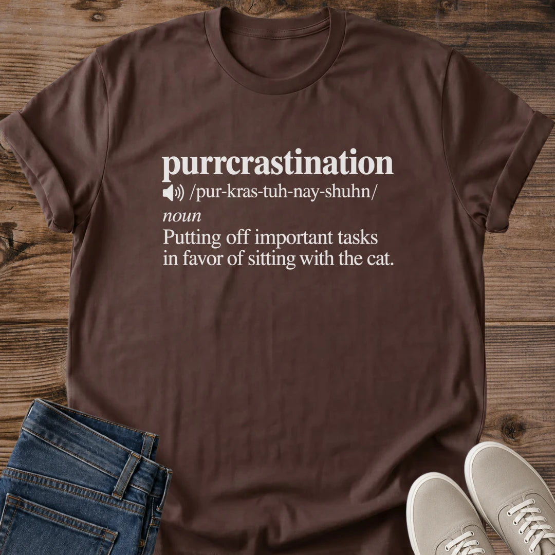 Procrastination Shirt Purrcrastination Funny Cat Tee Dictionary Entry With Pronunciation Text Graphic Cat Owner Shirt Gift For Cat Lovers Wordplay Tee English Teacher Gift Book Lover Shirt Unisex Ringspun Cotton Shirt Cat Whisker Co
