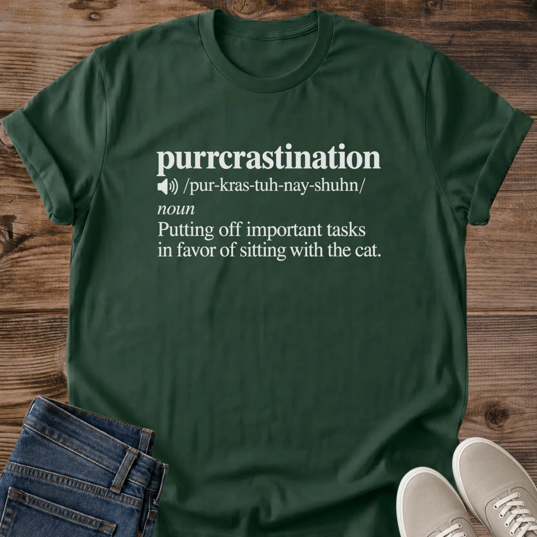 Cat Definition Shirt Purrcrastination Tee Putting Off Tasks To Sit With The Cat Funny Noun Definition Design Classic Serif Typography Cat Owner Gift For Her Cat Dad Tee Lazy Day Shirt Soft Cotton Unisex Shirt Cat Whisker Co