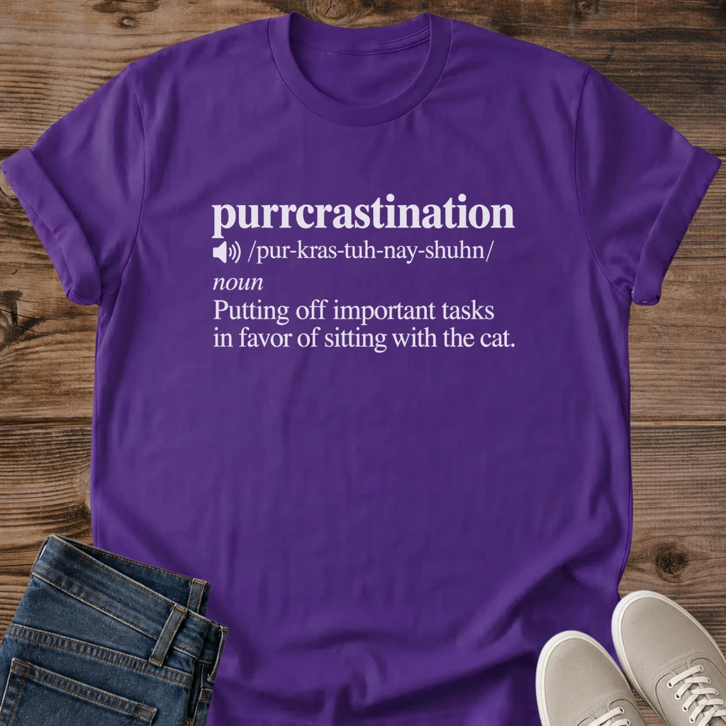 Work From Home Cat Shirt Purrcrastination Cat Mom Tee Funny Cat Pun Gift Minimal Definition Design Cat Shirt For Women And Men Cat Dad Gift Holiday Gift For Cat Owner Lazy Cat Day Tee Soft Cotton Unisex Tee Cat Whisker Co